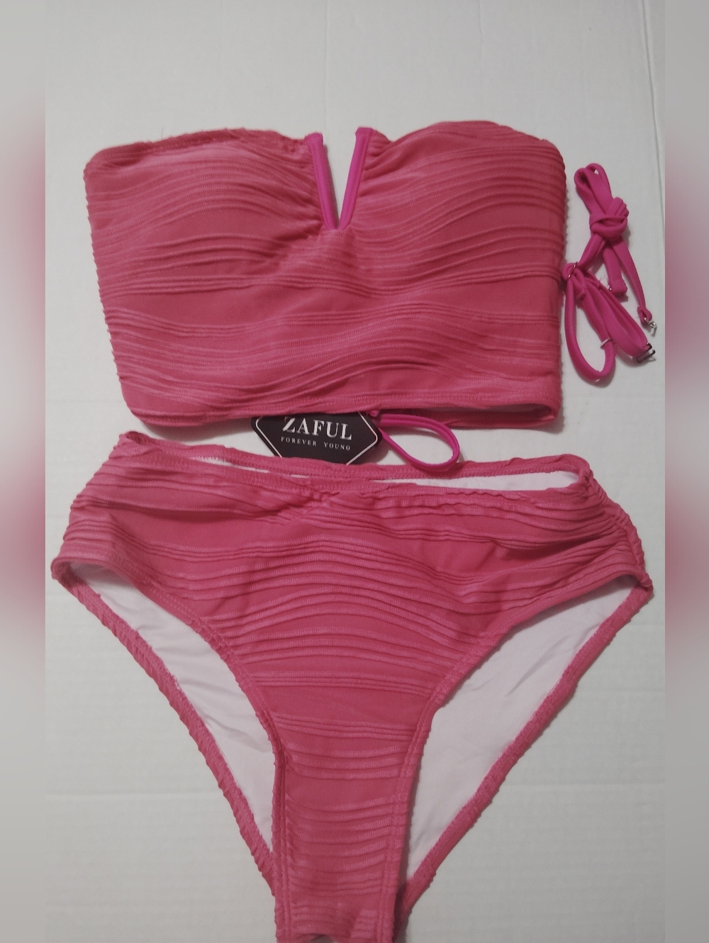 Zaful Hot Pink Textured Bandeau Bikini Set with Removable Straps